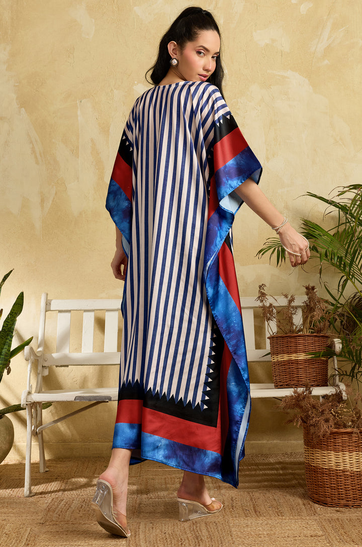 Navy Noir Soft Satin Long Women Kaftan Dress with Digital Print