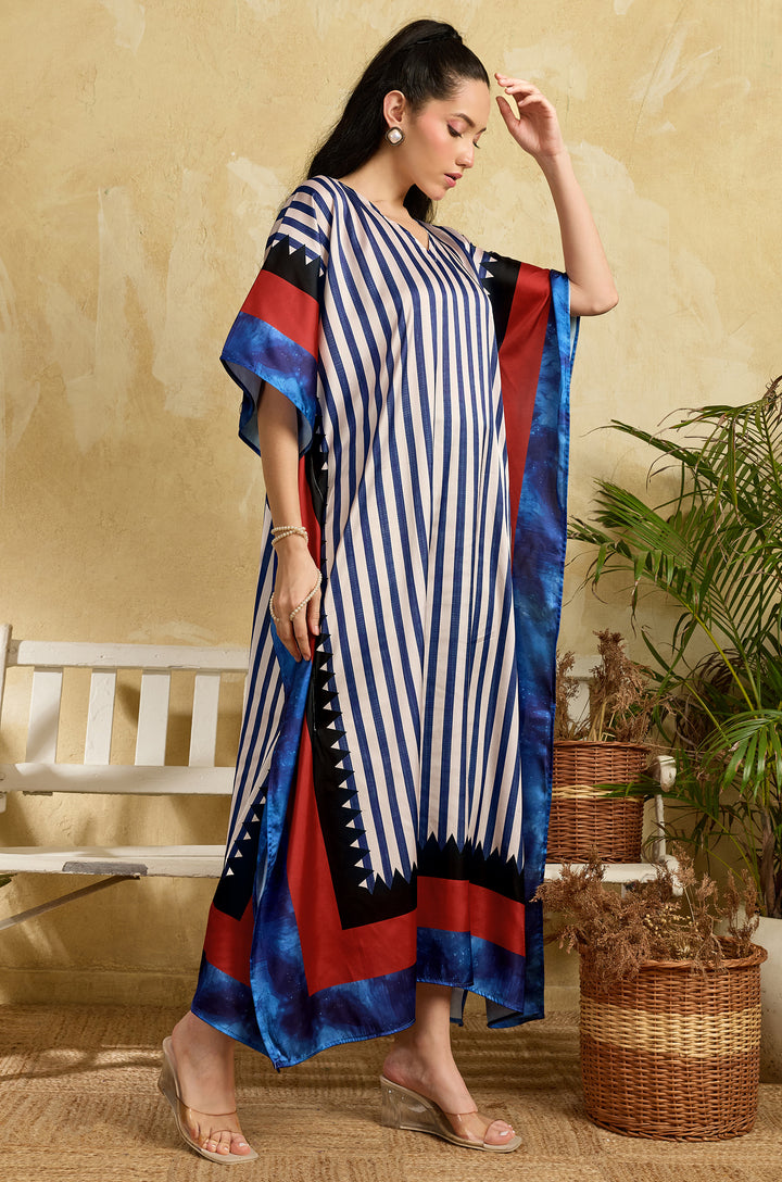 Navy Noir Soft Satin Long Women Kaftan Dress with Digital Print