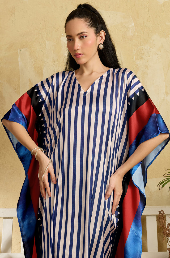 Navy Noir Soft Satin Long Women Kaftan Dress with Digital Print