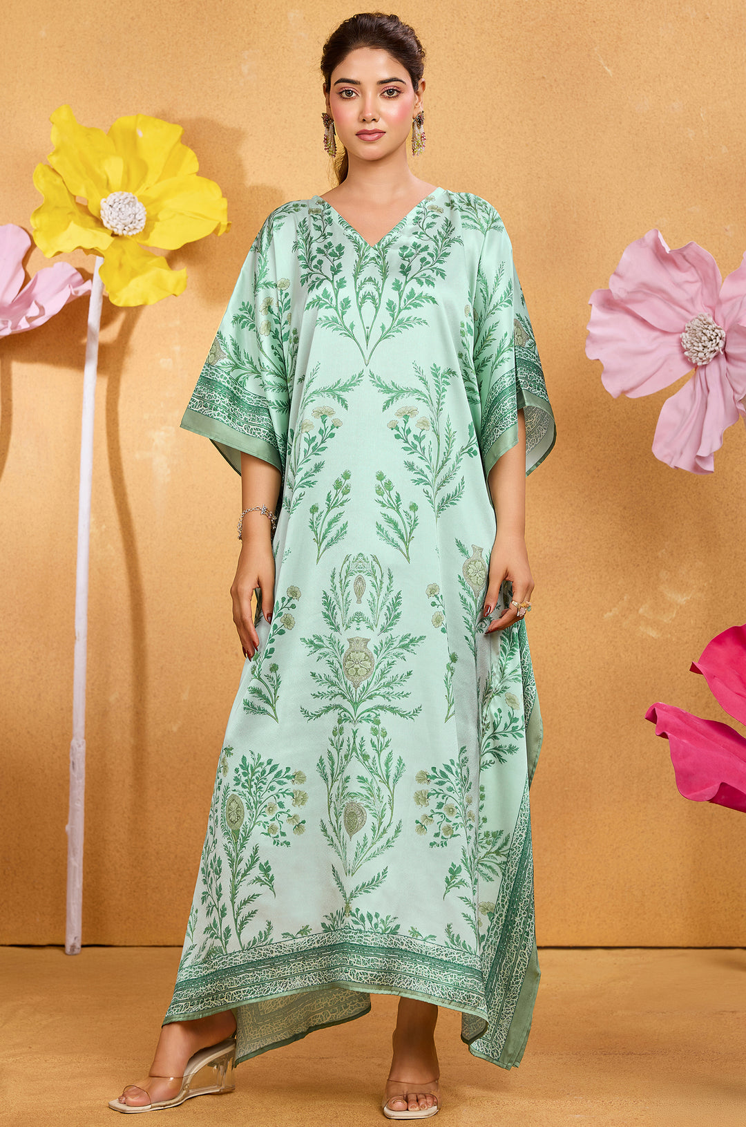 Petal Fest Long Satin Kaftan Dress - Buy Women Kaftan Online India | Label Aarna