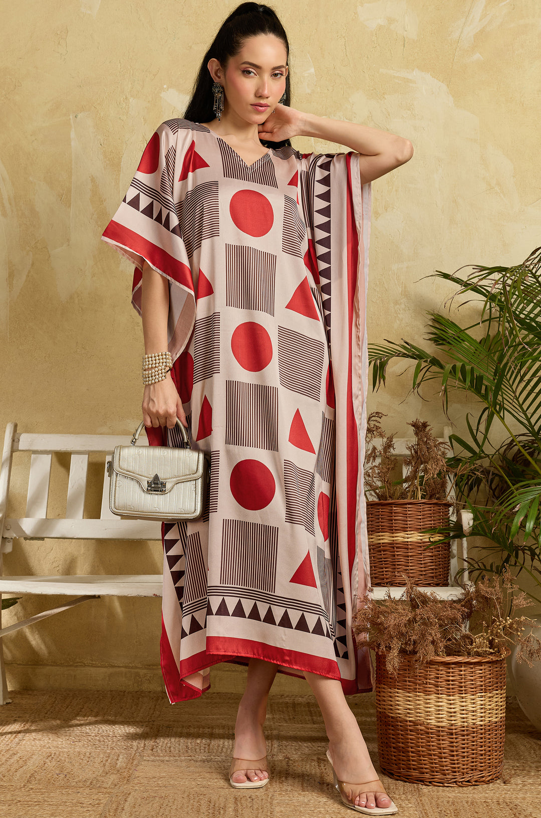 Red Mosaic Soft Satin Long Women Kaftan Dress with Digital Print