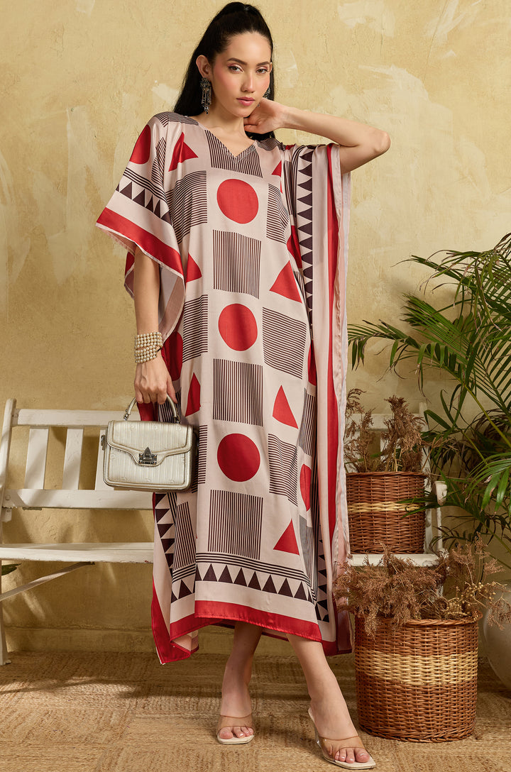 Red Mosaic Soft Satin Long Women Kaftan Dress with Digital Print