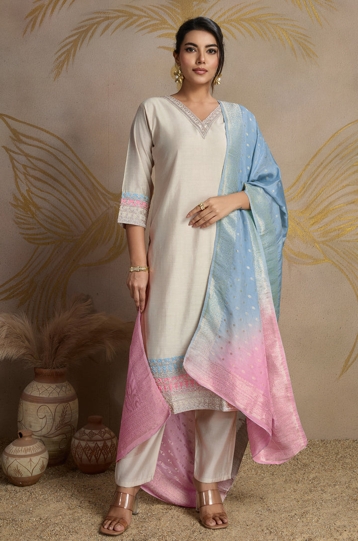 Ombre Grace Roman Silk Women Suit Set with Pure Viscose Jacquard Dupatta