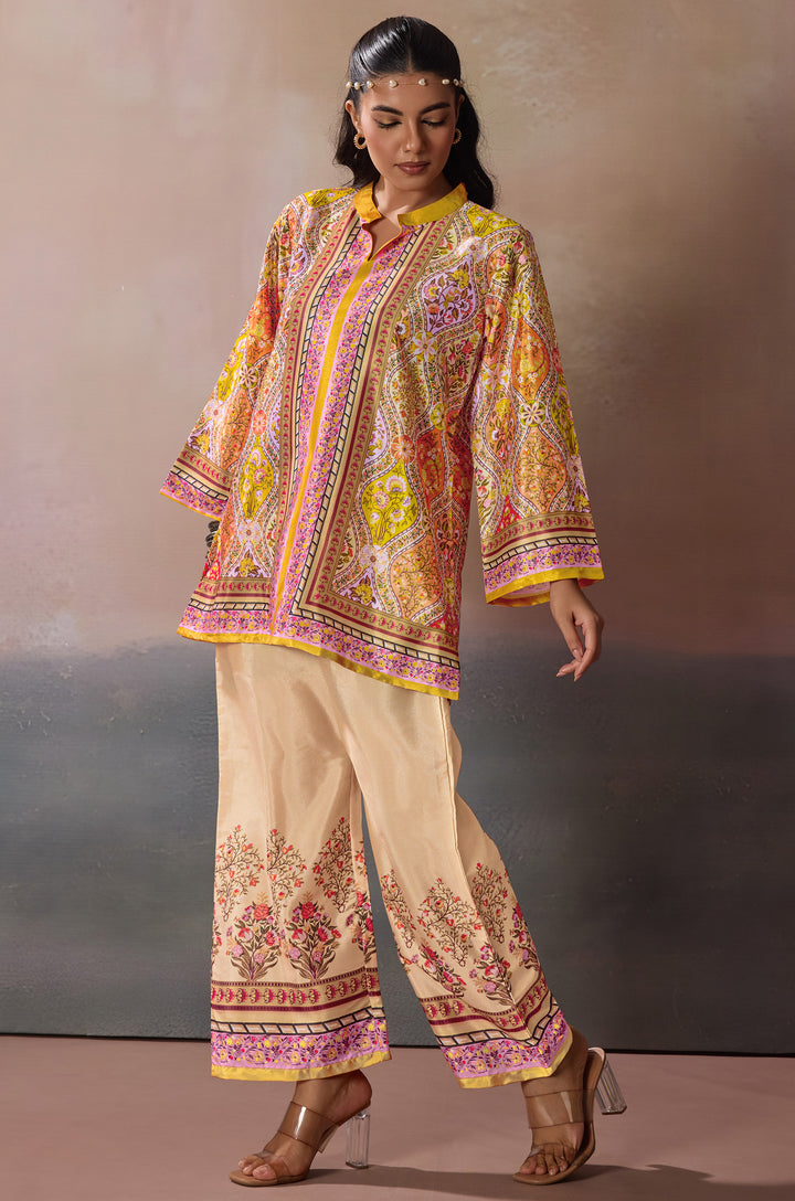 Golden Heritage Silk Crepe Women Co-ord Set with Digital Print | Top and Bottom