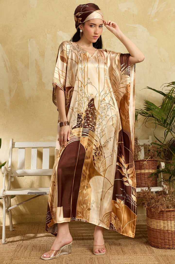 Brown Arches Soft Satin Long Women Kaftan Dress with Digital Print