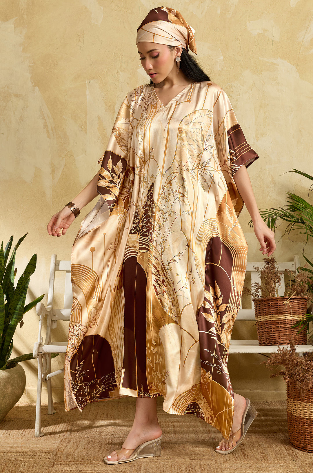 Brown Arches Soft Satin Long Women Kaftan Dress with Digital Print