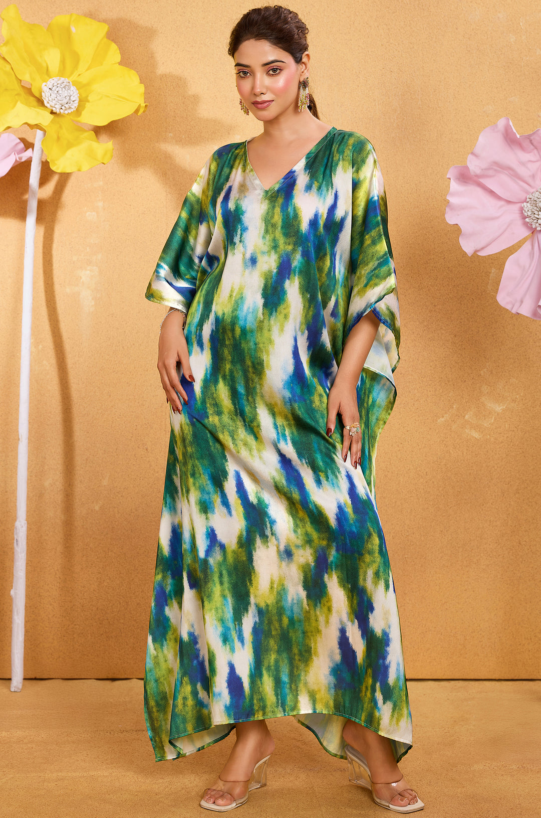 Blue Moss Long Satin Kaftan Dress - Buy Women Kaftan Online India | Label Aarna