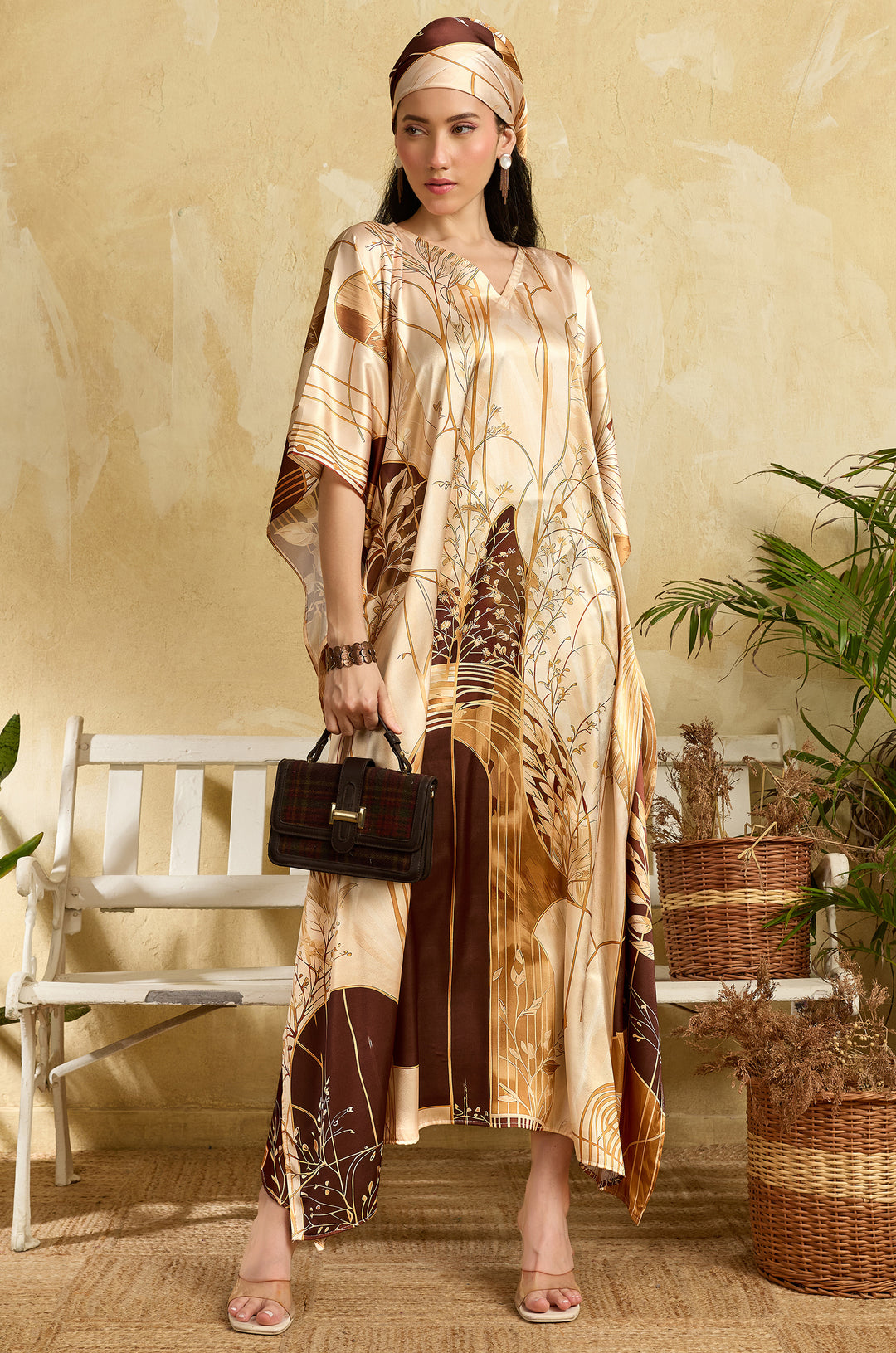 Brown Arches Soft Satin Long Women Kaftan Dress with Digital Print