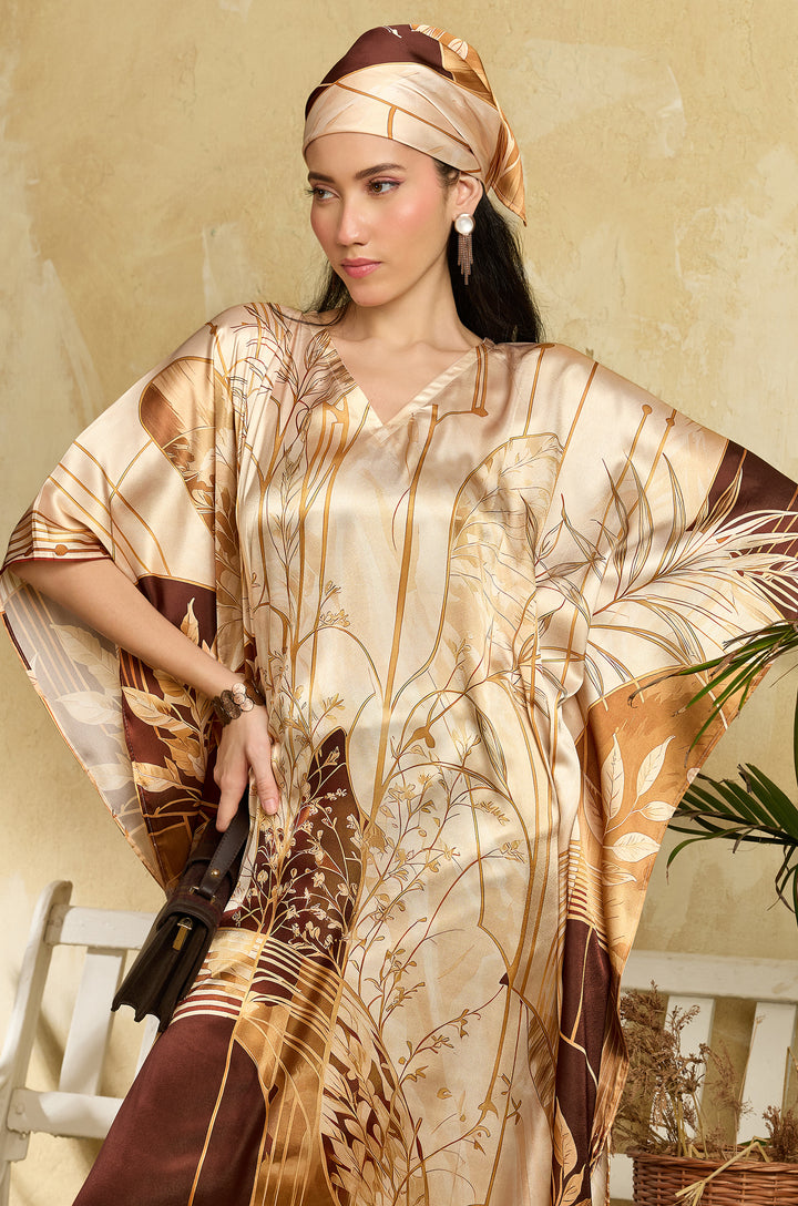 Brown Arches Soft Satin Long Women Kaftan Dress with Digital Print