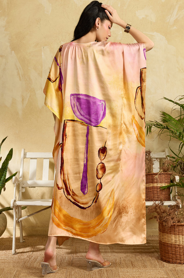 Sunset Cup Soft Satin Long Women Kaftan Dress with Digital Print