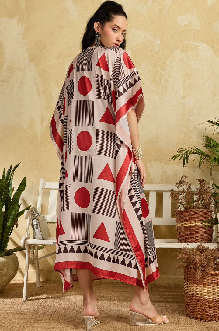 Red Mosaic Soft Satin Long Women Kaftan Dress with Digital Print