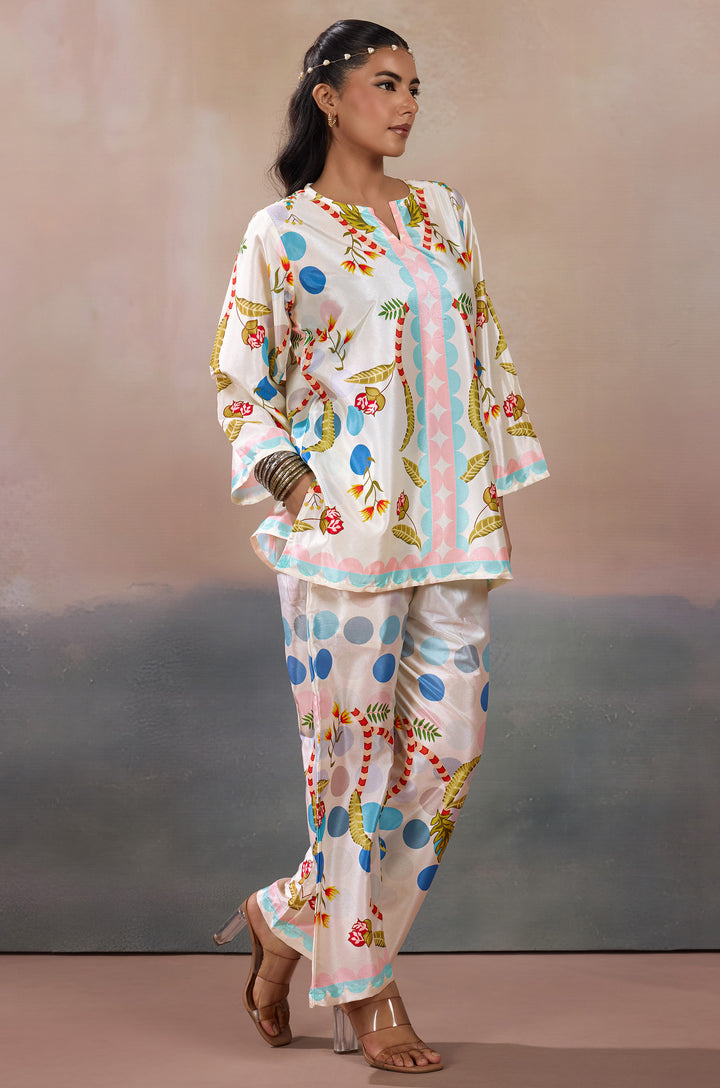 Pearl Dewdrop Silk Crepe Women Co-ord Set with Digital Print | Top and Bottom