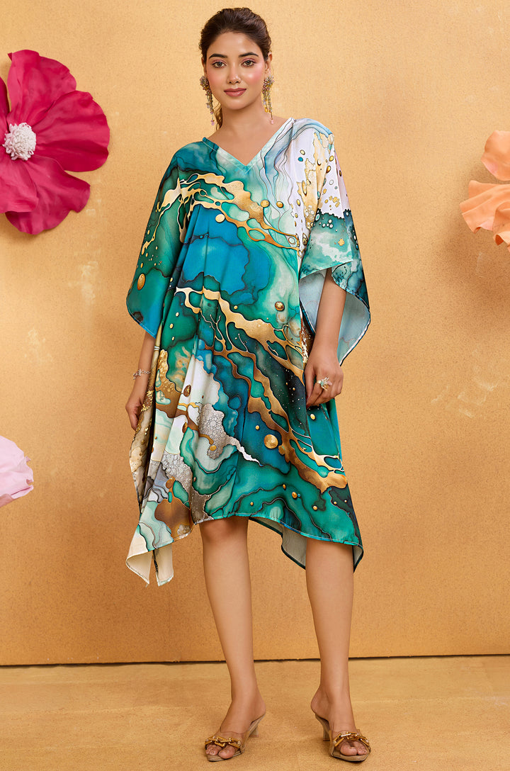 Aqua Marble Short Satin Kaftan Dress - Buy Women Kaftan Online India | Label Aarna