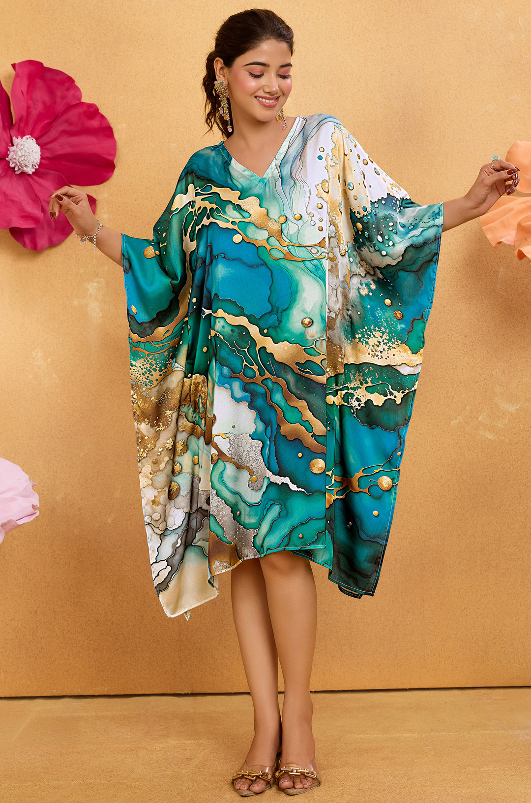 Aqua Marble Satin Kaftan - Free Size M-3XL | Label Aarna