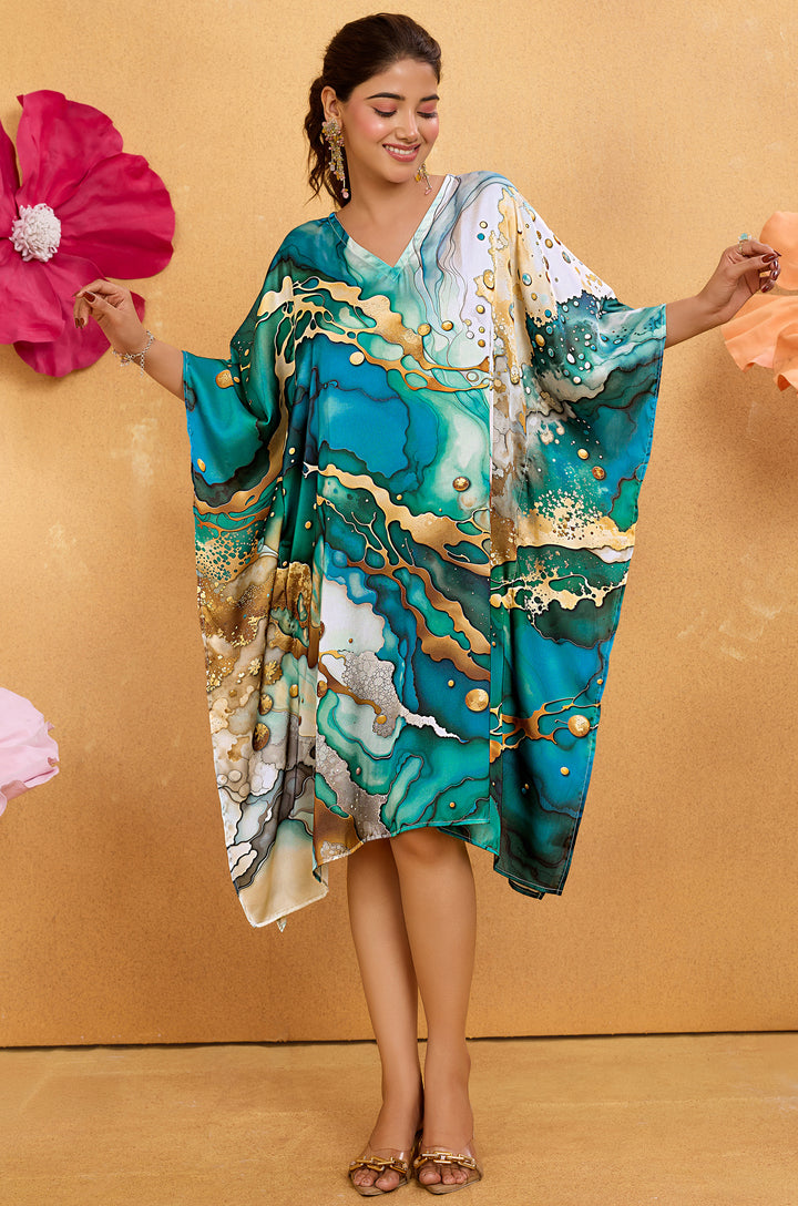 Aqua Marble Satin Kaftan - Free Size M-3XL | Label Aarna