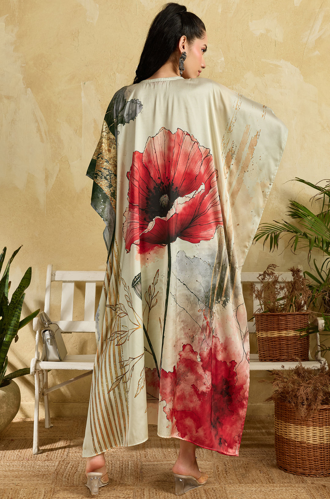 Poppy Bloom Soft Satin Long Women Kaftan Dress with Digital Print