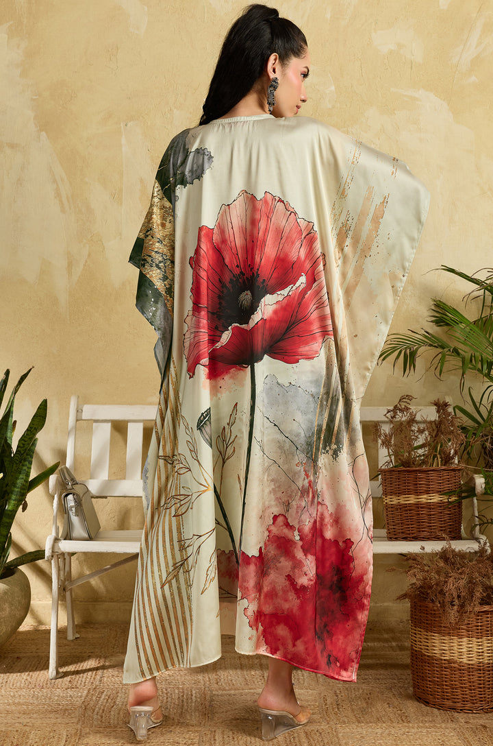 Poppy Bloom Soft Satin Long Women Kaftan Dress with Digital Print