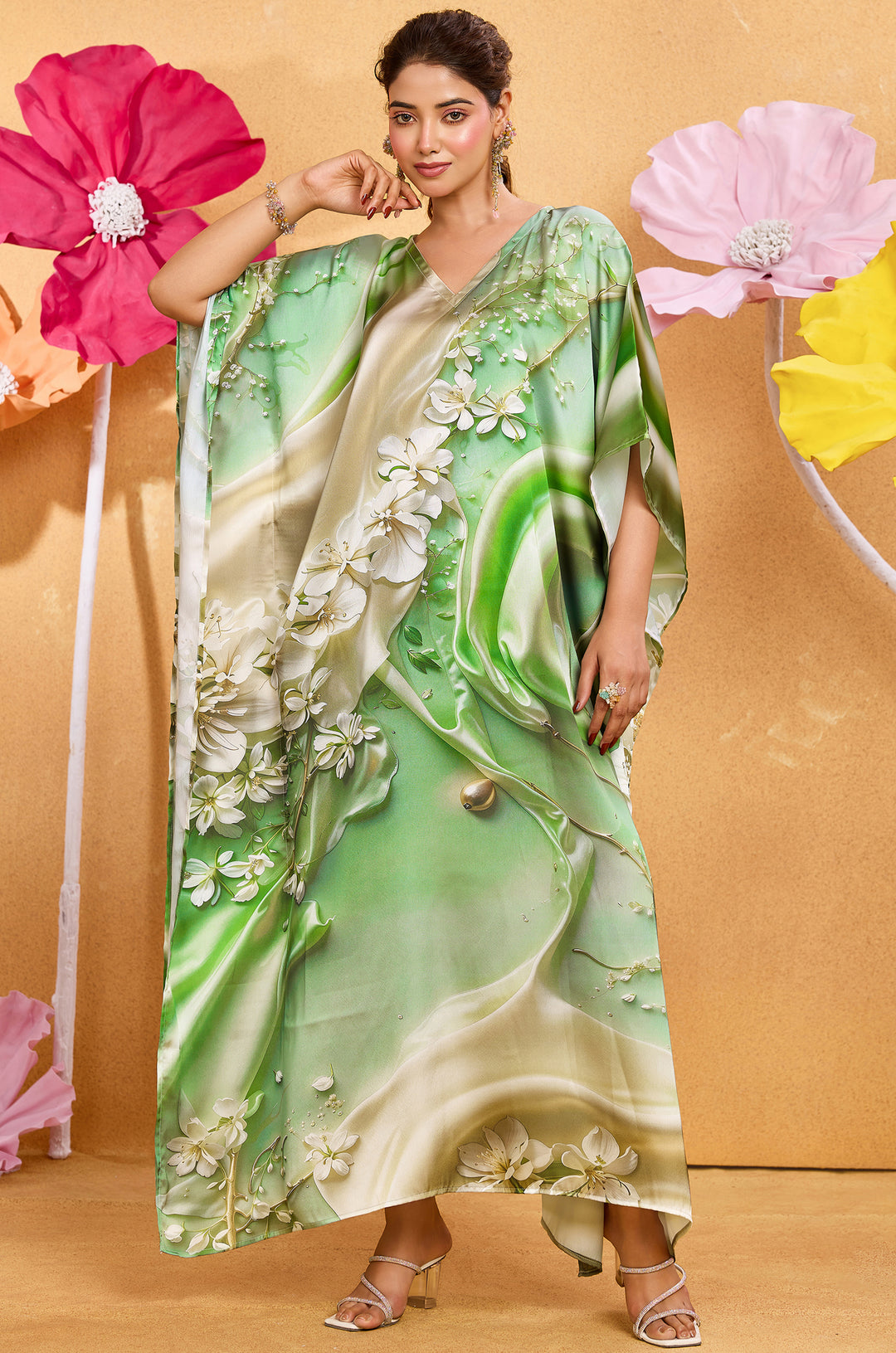 Green Mist Long Satin Kaftan Dress - Buy Women Kaftan Online India | Label Aarna