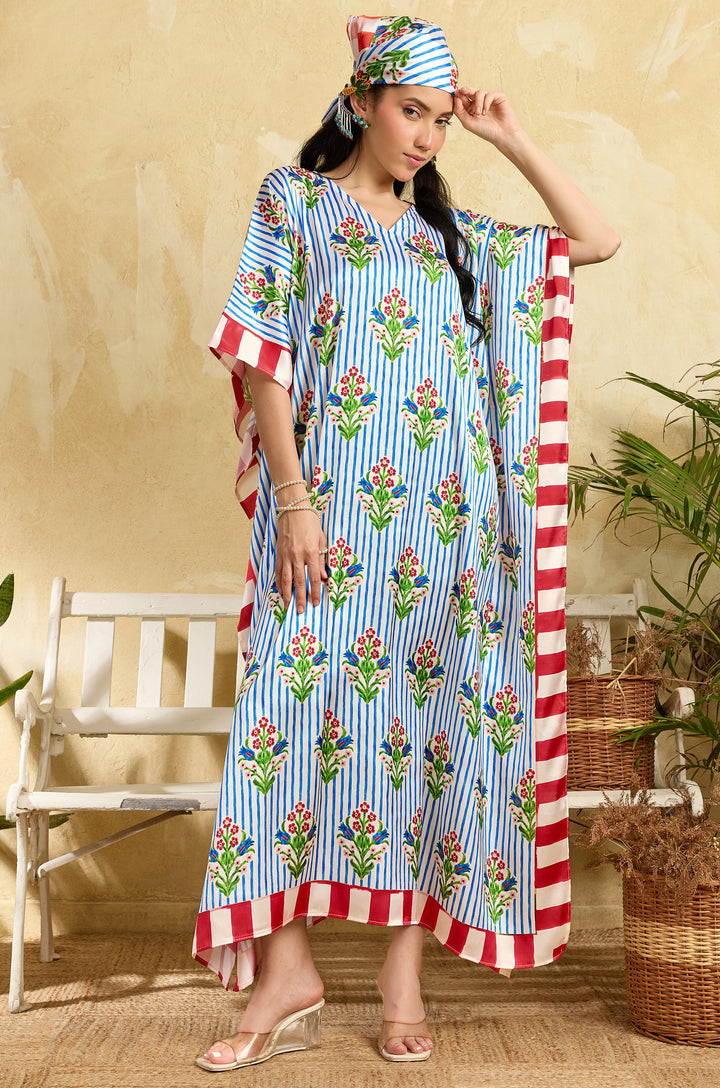 Petal Fields Soft Satin Long Women Kaftan Dress with Digital Print