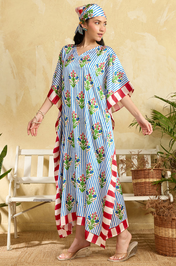 Petal Fields Soft Satin Long Women Kaftan Dress with Digital Print