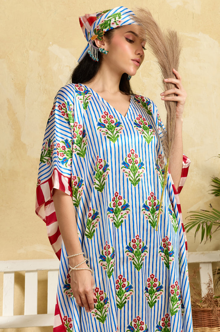 Petal Fields Soft Satin Long Women Kaftan Dress with Digital Print