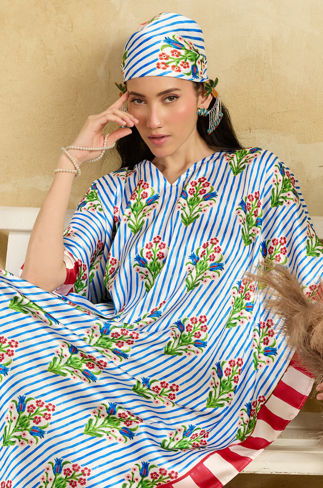 Petal Fields Soft Satin Long Women Kaftan Dress with Digital Print