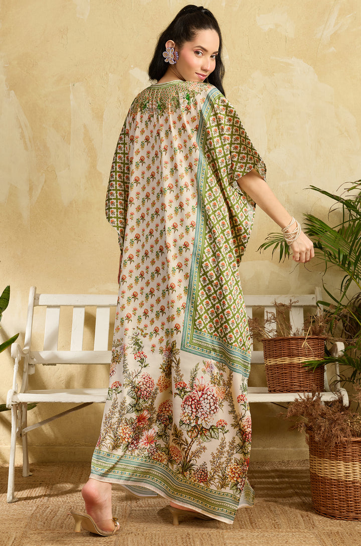Green Bouquet Soft Satin Women Kaftan Dress with Rhinestone | Digital Print