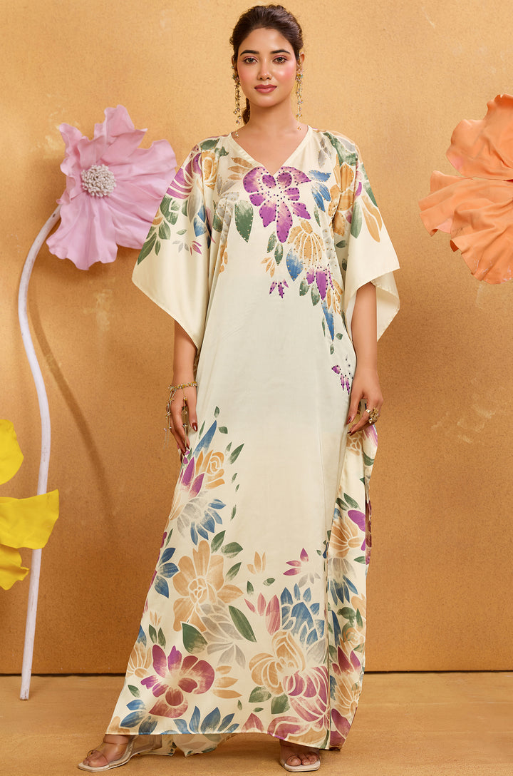 Petal Flow Long Satin Kaftan Dress - Buy Women Kaftan Online India | Label Aarna