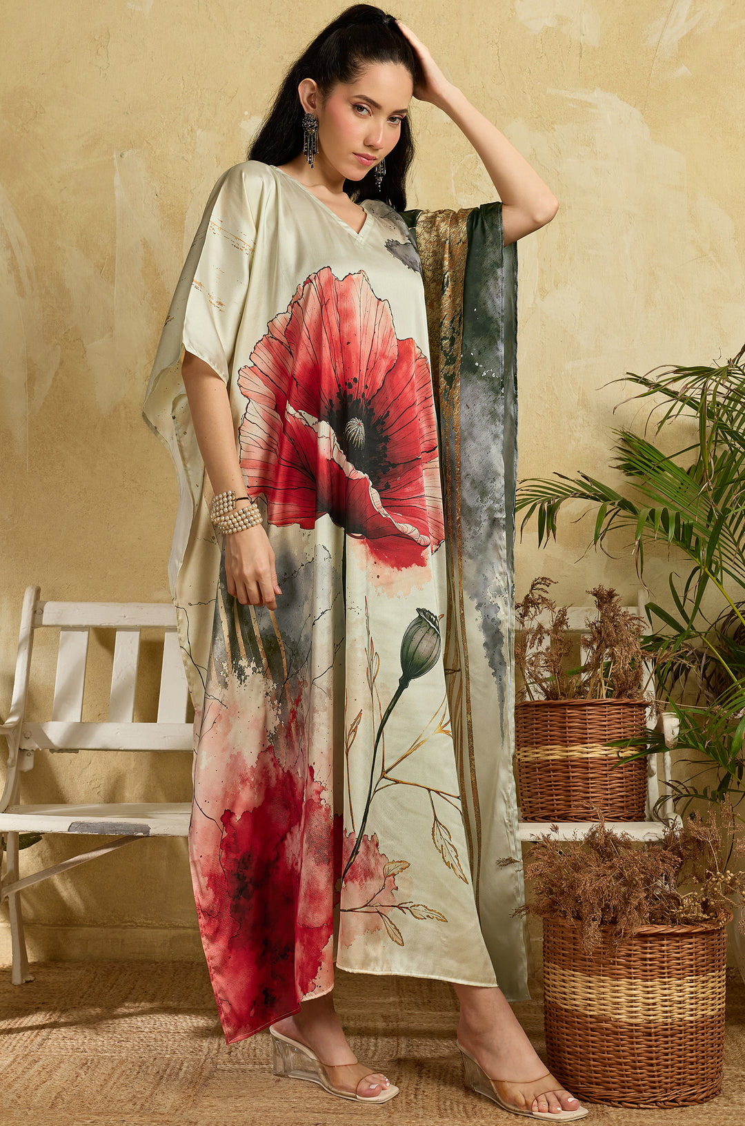 Poppy Bloom Soft Satin Long Women Kaftan Dress with Digital Print