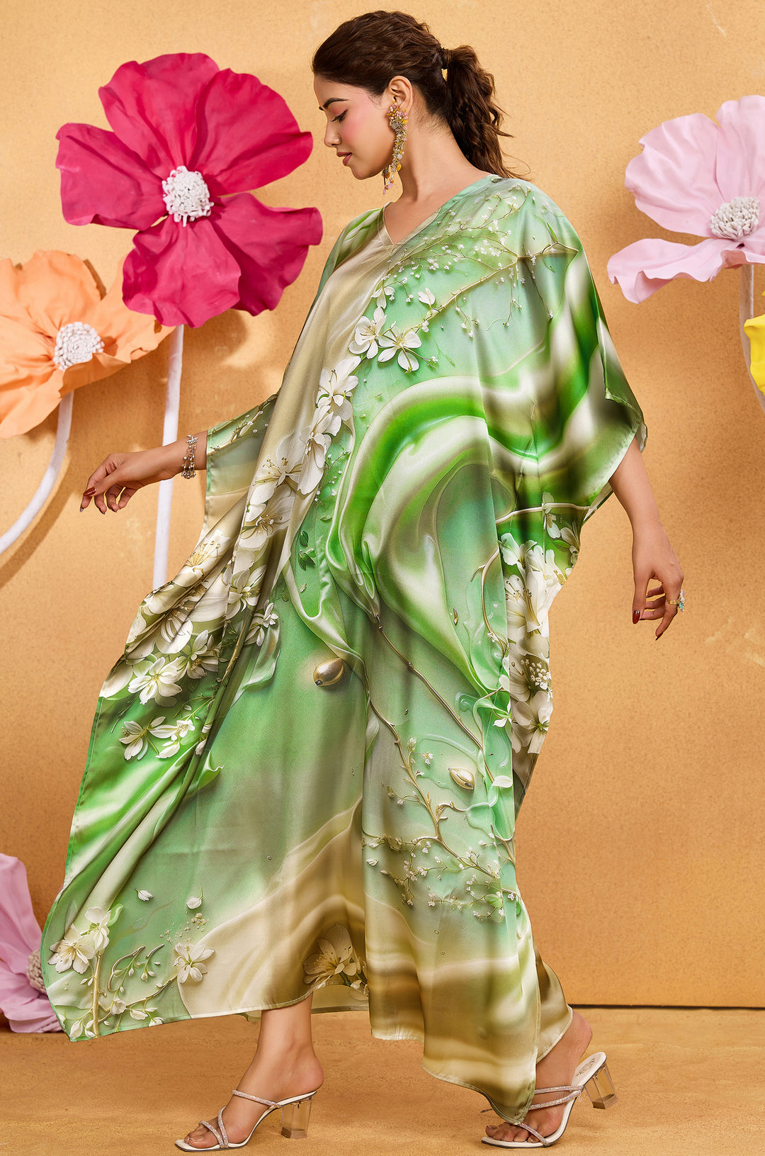 Green Mist Satin Kaftan - Free Size M-3XL | Label Aarna