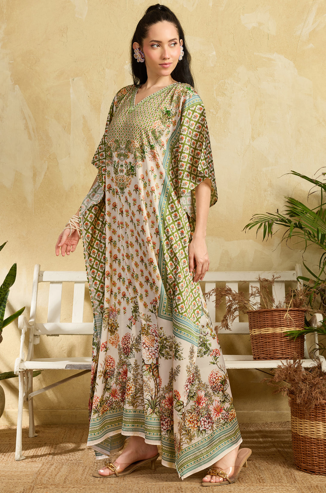 Green Bouquet Soft Satin Women Kaftan Dress with Rhinestone | Digital Print