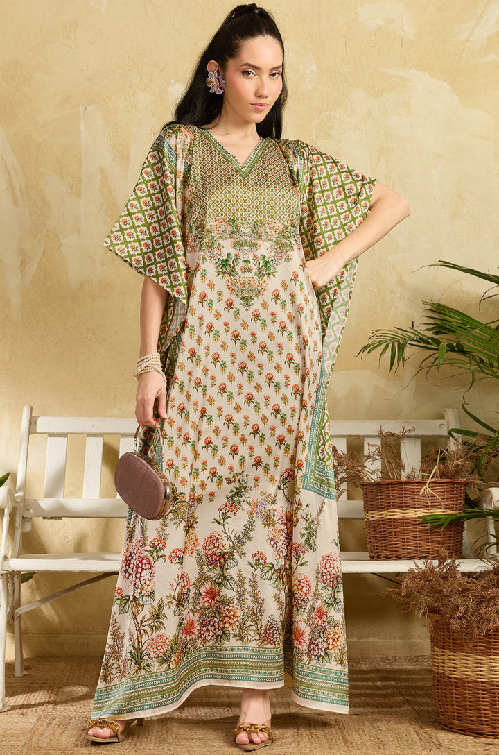Green Bouquet Soft Satin Women Kaftan Dress with Rhinestone | Digital Print