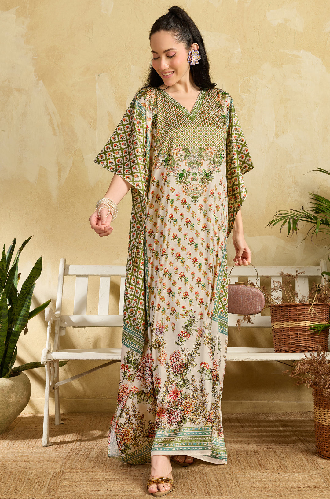 Green Bouquet Soft Satin Women Kaftan Dress with Rhinestone | Digital Print