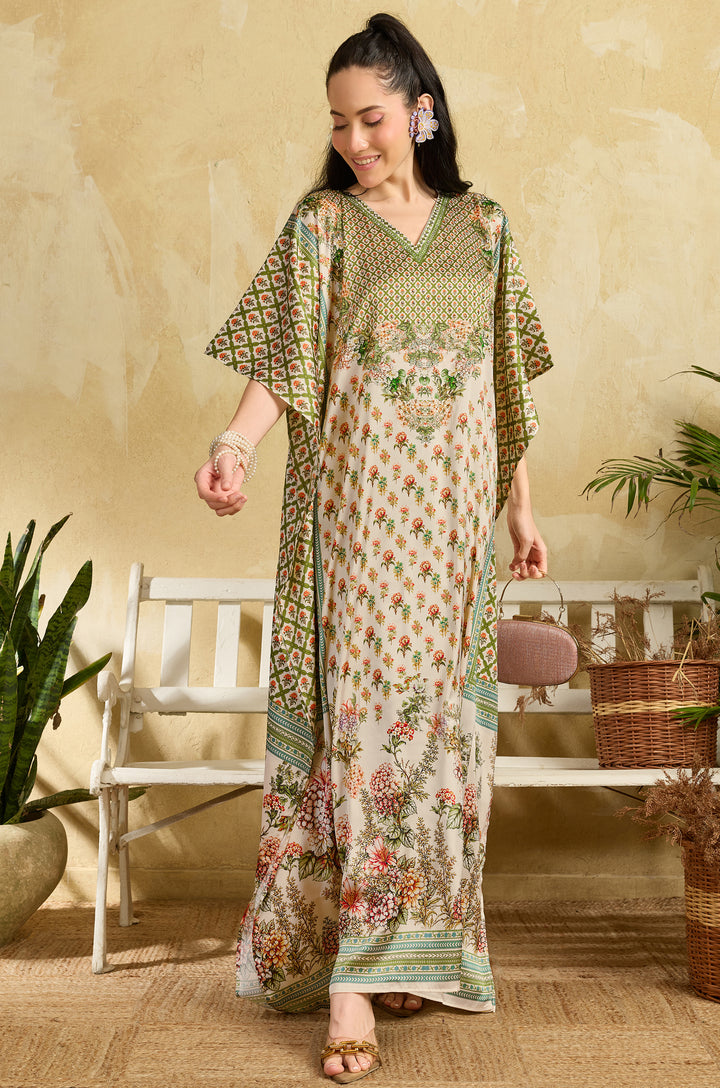 Green Bouquet Soft Satin Women Kaftan Dress with Rhinestone | Digital Print