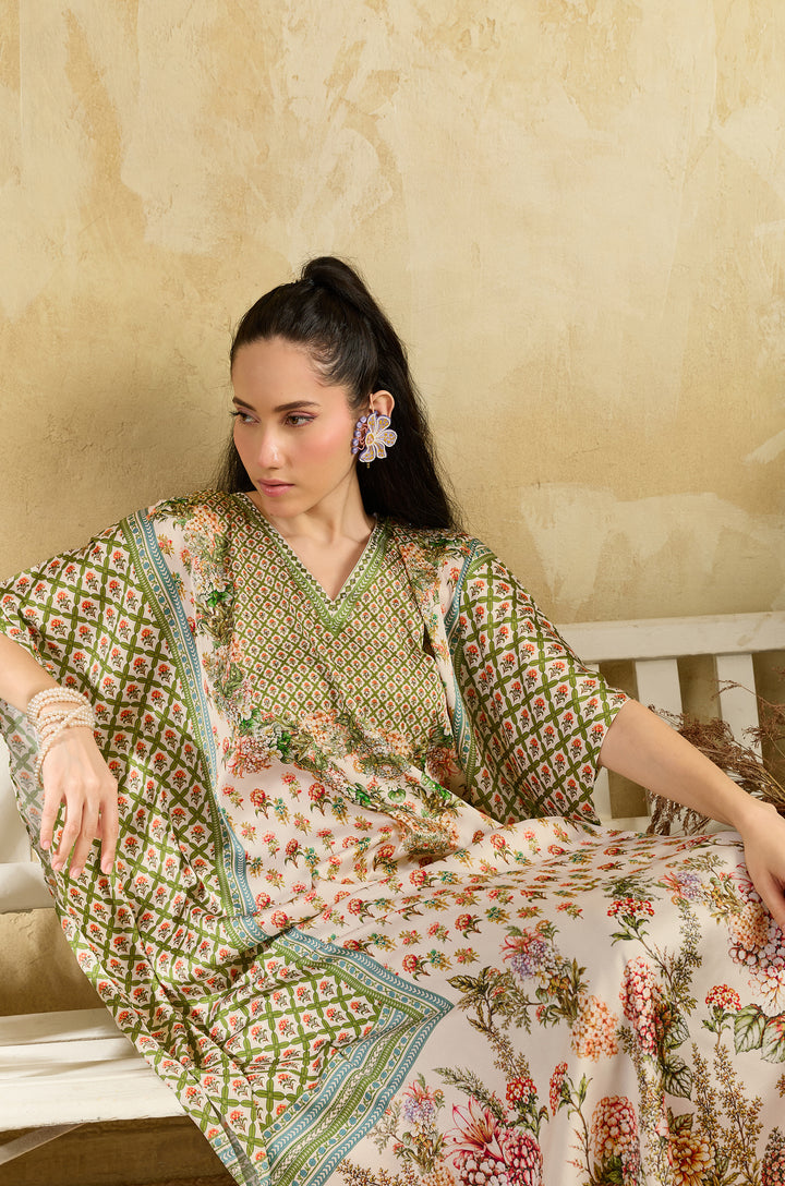 Green Bouquet Soft Satin Women Kaftan Dress with Rhinestone | Digital Print