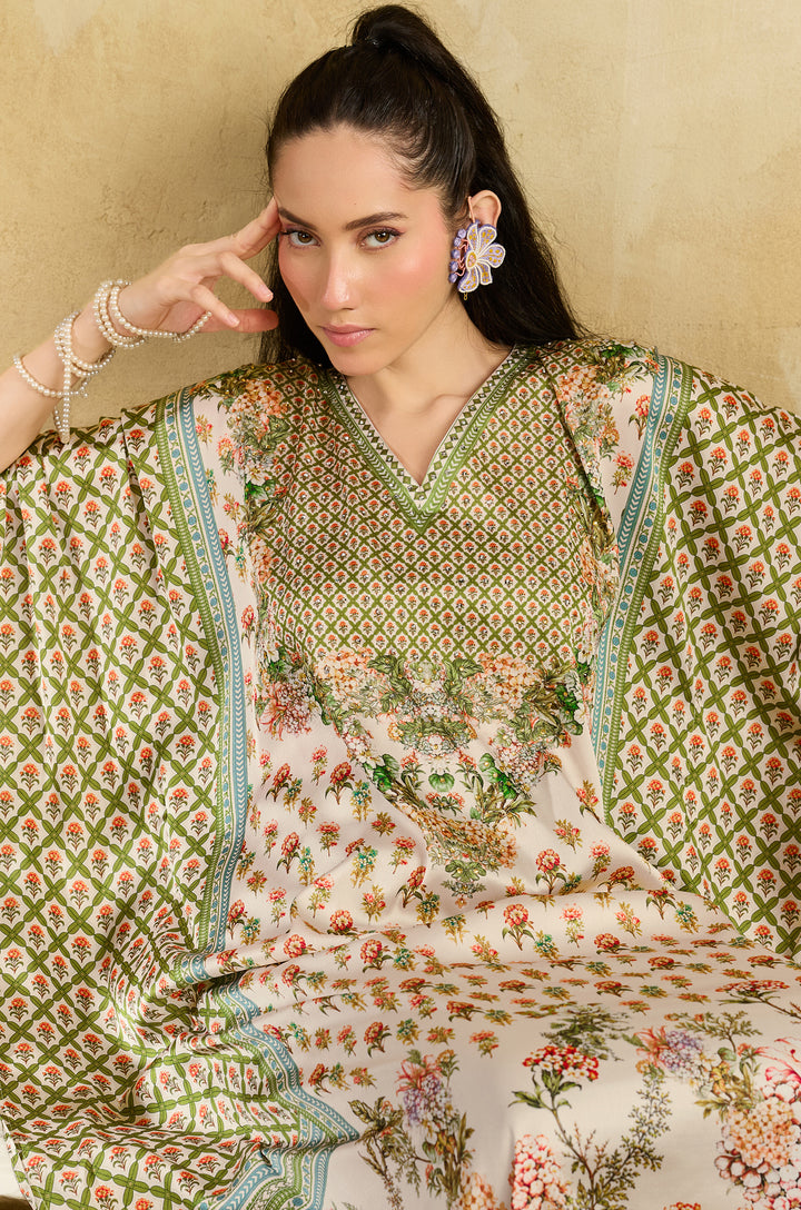 Green Bouquet Soft Satin Women Kaftan Dress with Rhinestone | Digital Print
