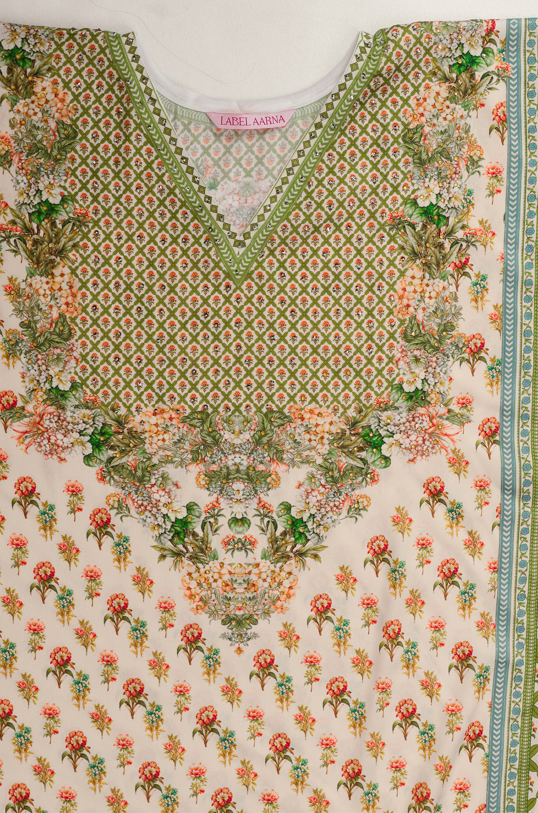 Green Bouquet Soft Satin Women Kaftan Dress with Rhinestone | Digital Print