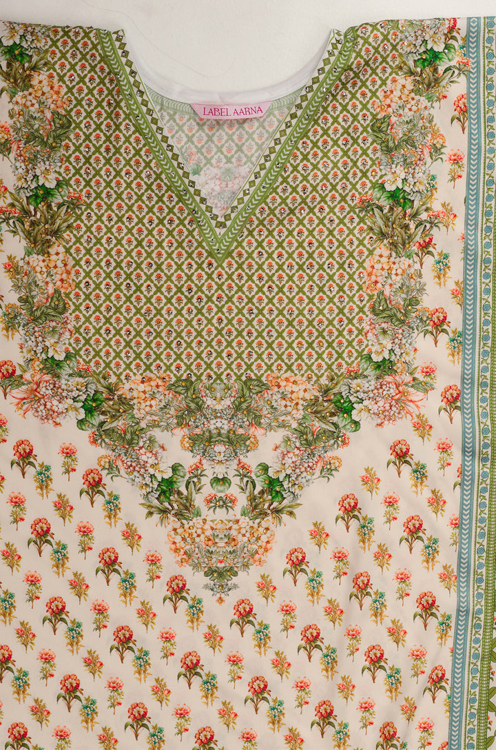 Green Bouquet Soft Satin Women Kaftan Dress with Rhinestone | Digital Print