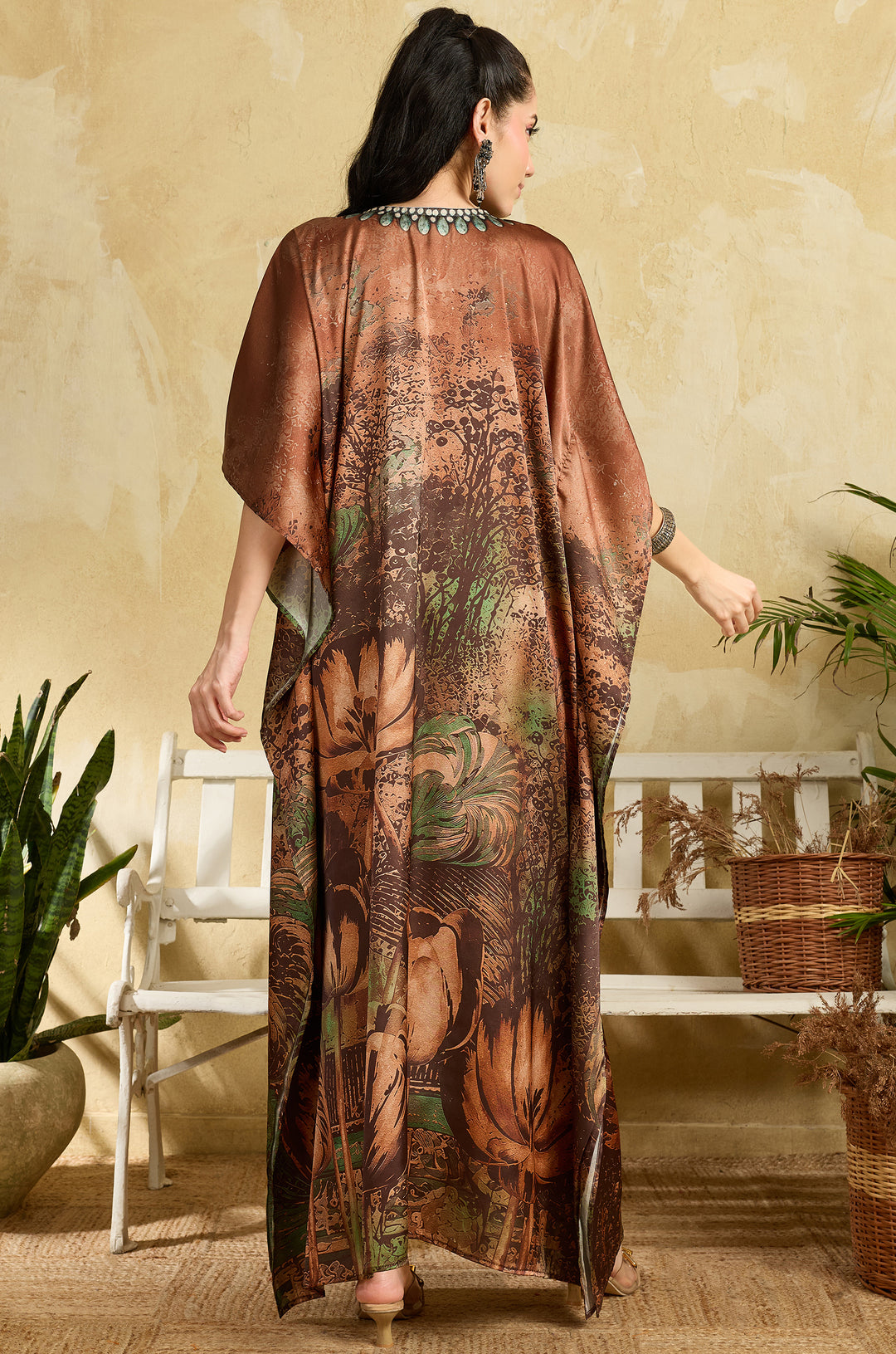 Antique Rose Soft Satin Women Kaftan Dress with Rhinestone | Digital Print