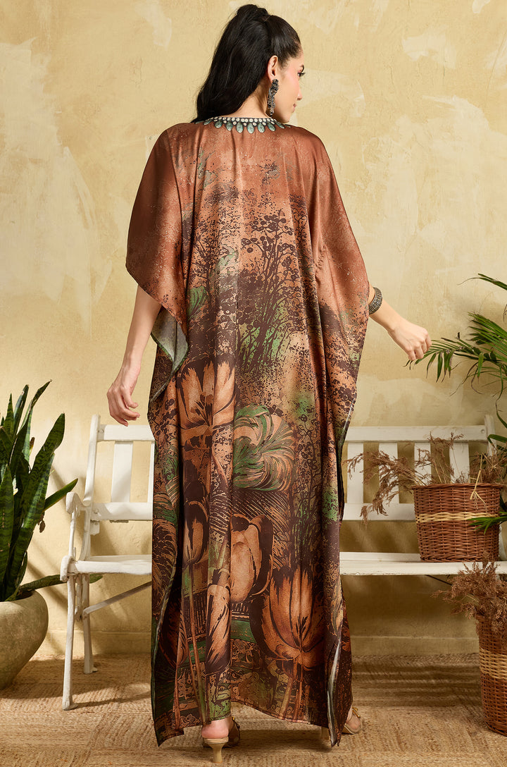 Antique Rose Soft Satin Women Kaftan Dress with Rhinestone | Digital Print