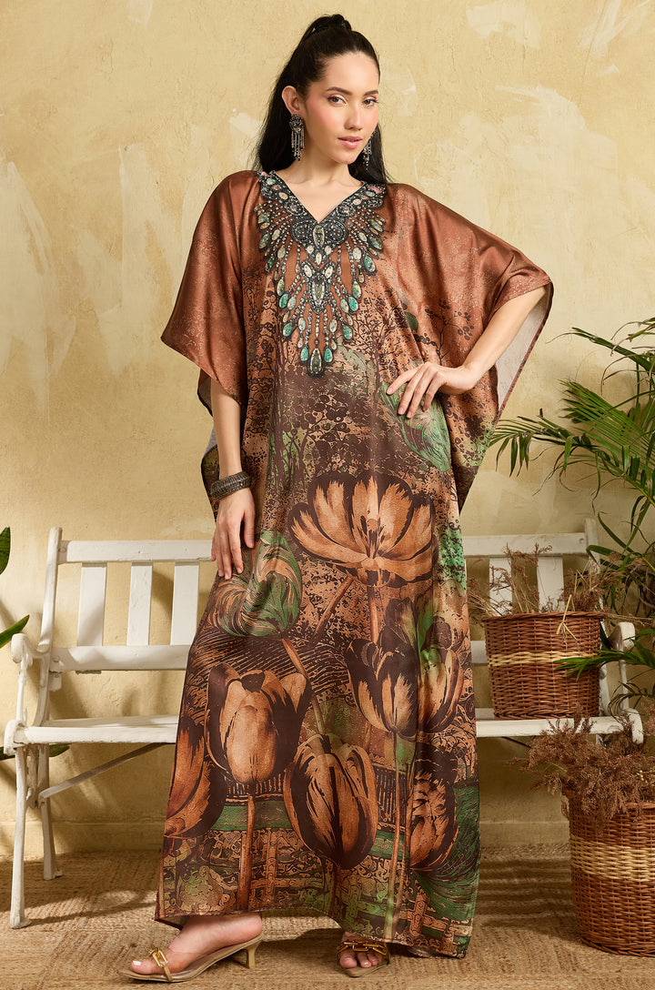 Antique Rose Soft Satin Women Kaftan Dress with Rhinestone | Digital Print