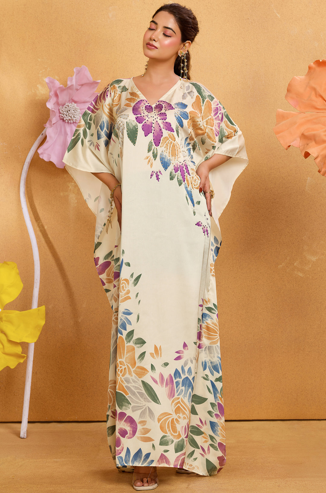 Petal Flow Satin Kaftan - Free Size M-3XL | Label Aarna
