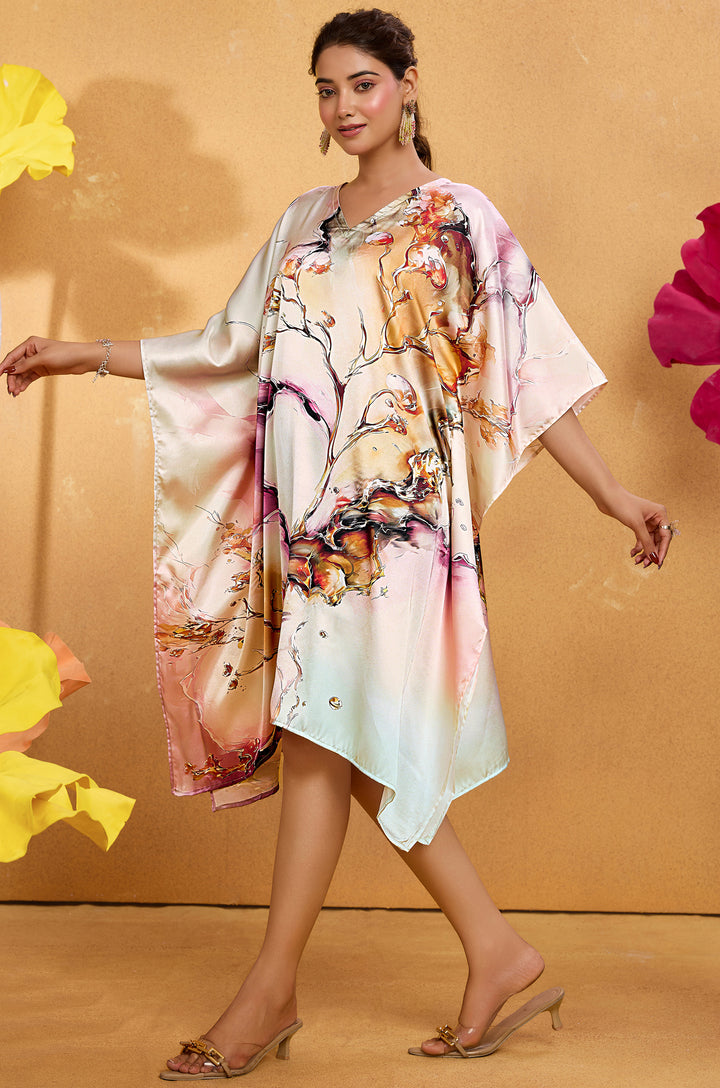 Golden Veil Satin Kaftan - Free Size M-3XL | Label Aarna