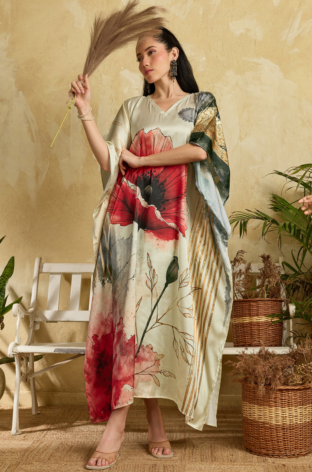 Poppy Bloom Soft Satin Long Women Kaftan Dress with Digital Print