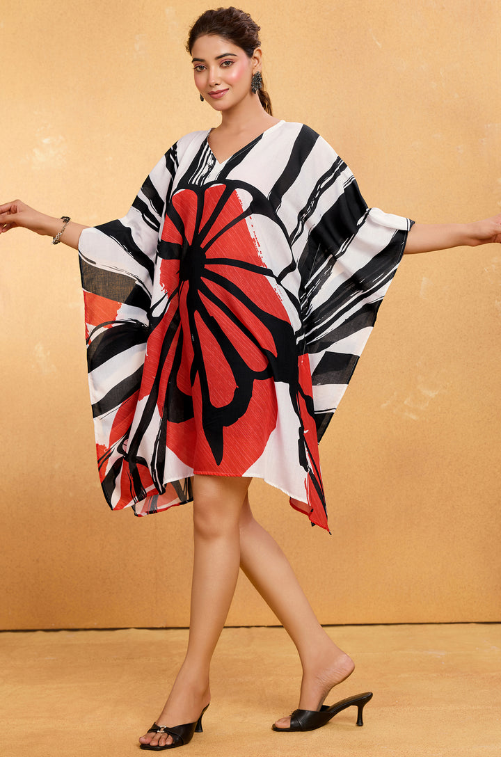 Red Eclipse Muslin Cotton Short Women Kaftan Dress with Digital Print