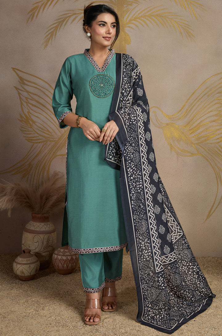 Classic Olive Roman Silk Women Suit Set with Ajrakh Printed Dupatta