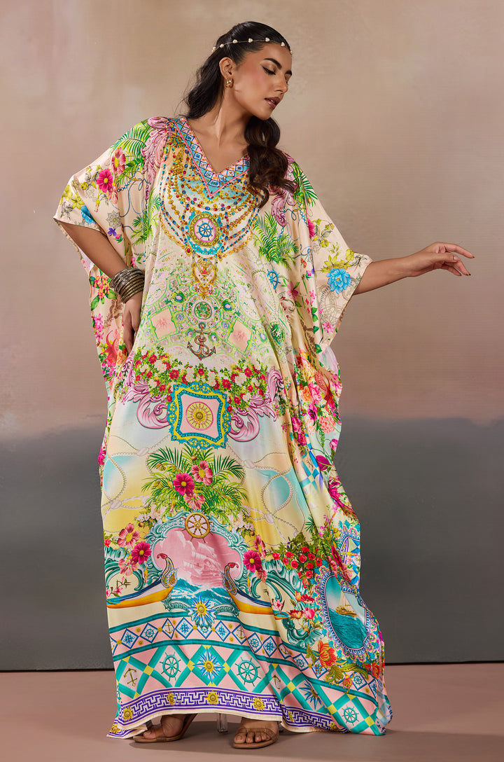 Vintage Inspired Soft Satin Women Kaftan Dress with Rhinestone | Digital Print