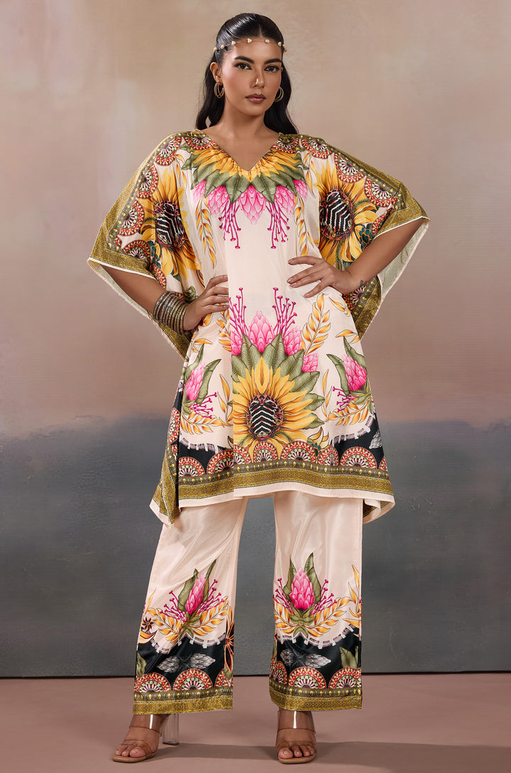 Sunlit Serenade Silk Crepe Women  Co-ord Set with Digital Print | Top and Bottom