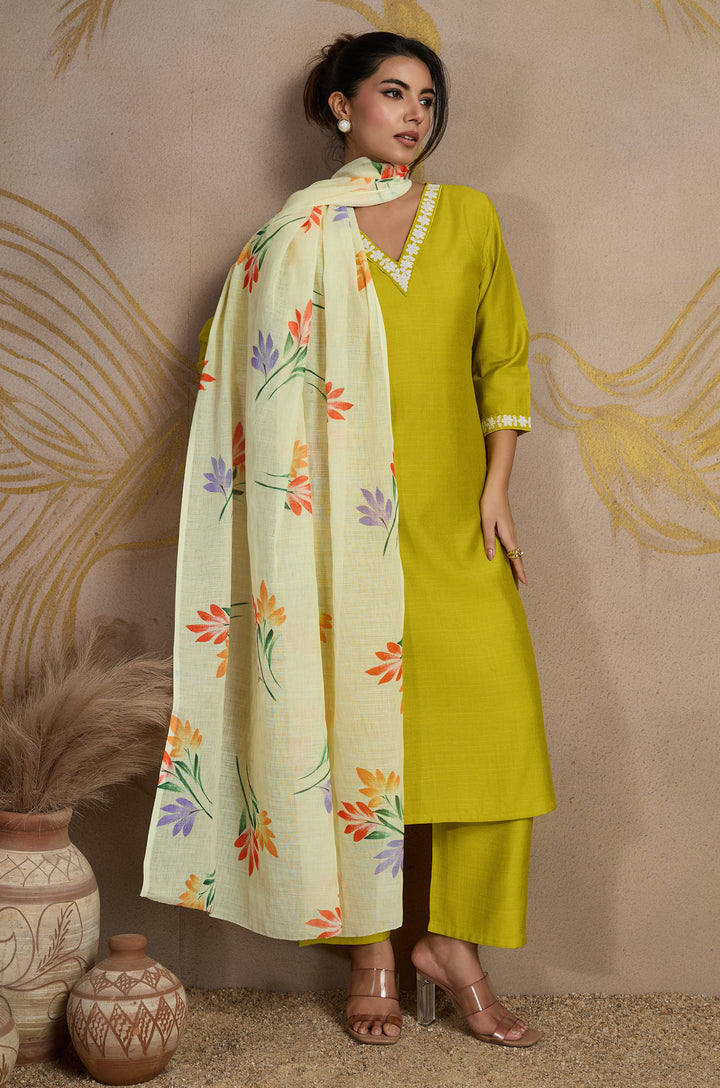 Honey Glaze Viscose Silk Women Suit Set with Linen Brush Print Dupatta