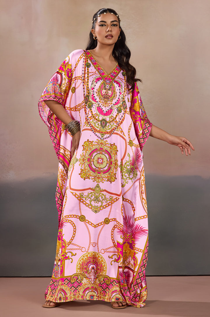 Pink Ornate Mandala Soft Satin Women Kaftan Dress with Rhinestones | Digital Print